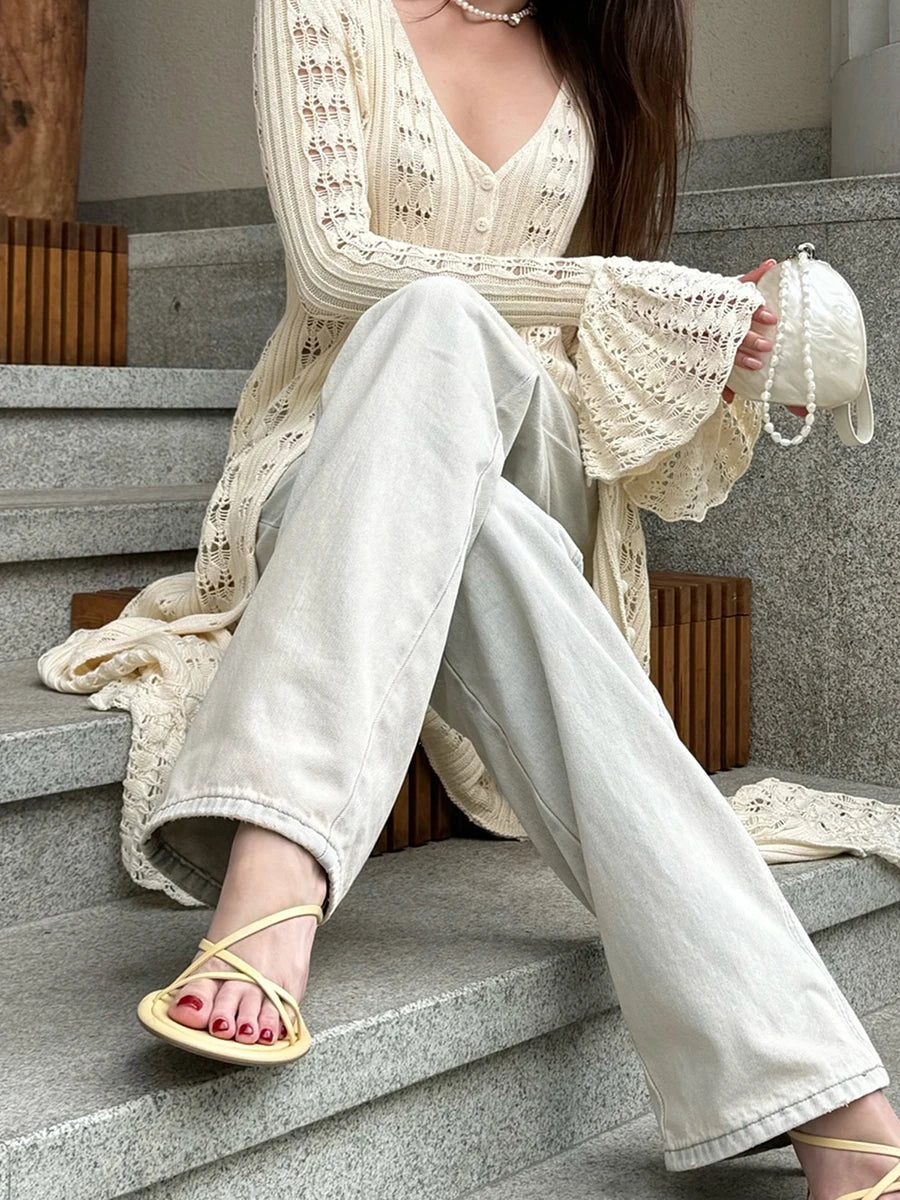 Women Knit Dress Long Sleeve Button Closure Cardigan Hollow Out Long Dress Top for Daily Street Summer Fall