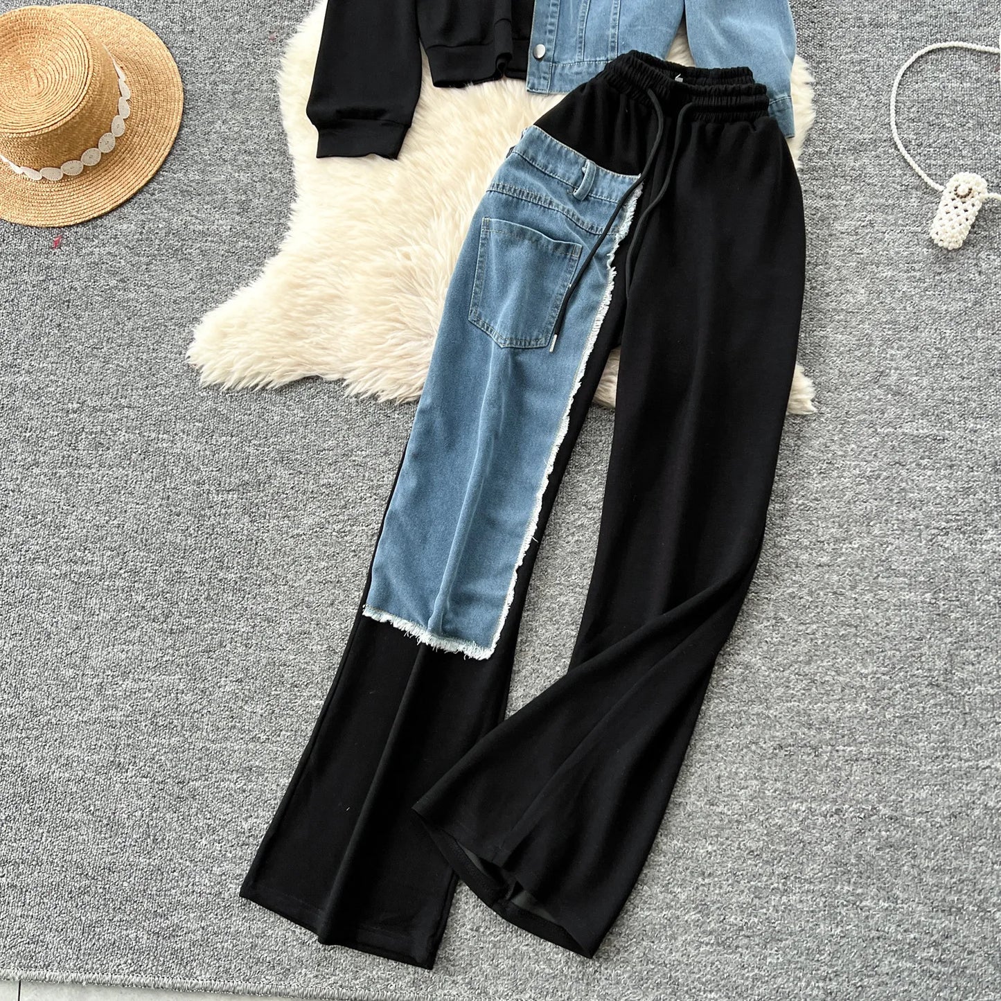 Pant Set Women Two Piece Sets Hooded Matching Sets Casual Loose Tops Wide Leg Long Pants Elastic Waist Lace Up Splice Denim 2025
