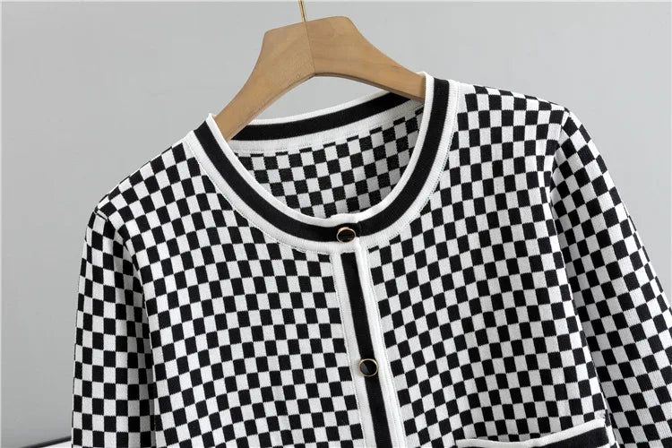 Plaid Design Knitted 2 Piece Sets Women Single Breasted Knit Sweater Cardigan Tops Conjuntos High Waist Wide Leg Pants Outfit