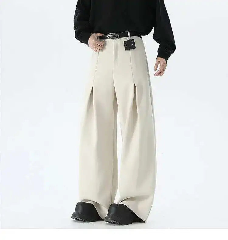 IEFB Pleated Design Men's Suit Pants Casual Solid Color American Style Bottom Drape Straight Wide Leg Male Trousers Simple 9W717