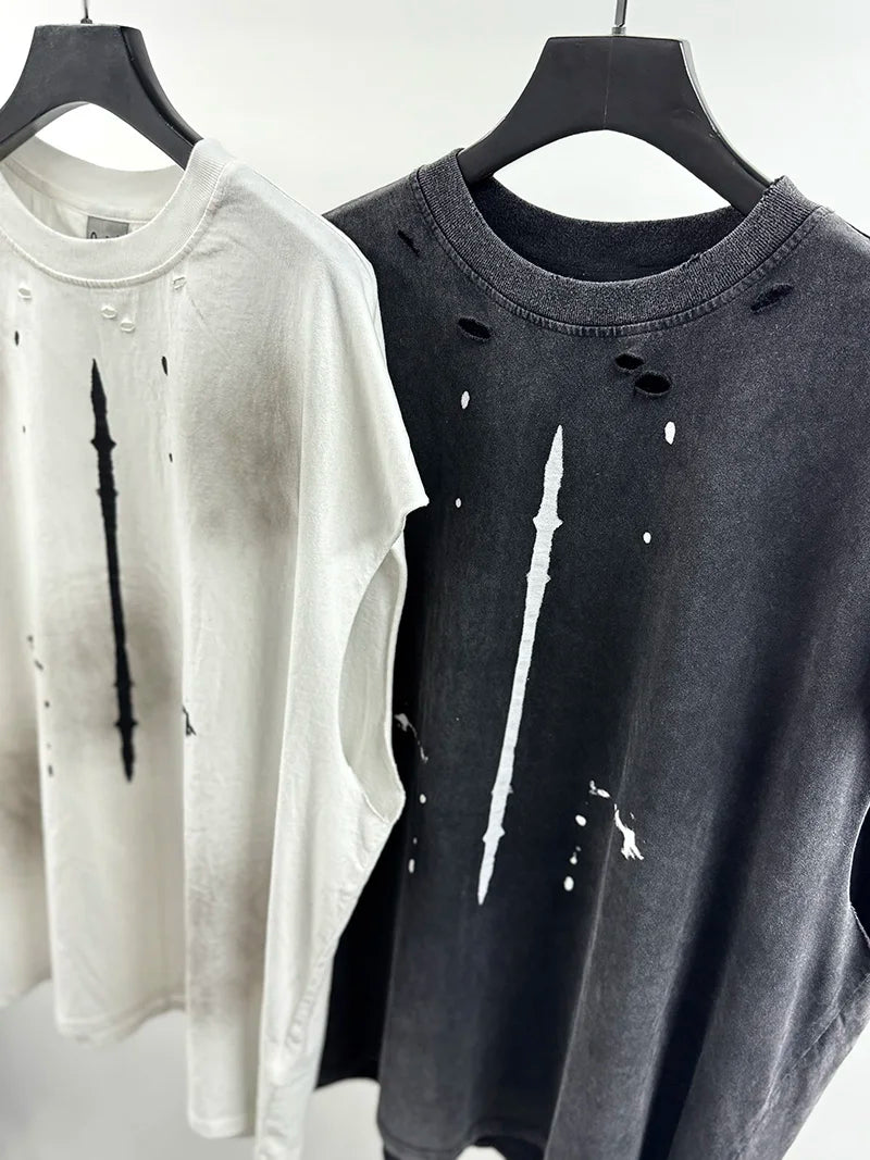 Vintage Washed Saint Sleeveless Tank T-shirts Oversize Men Woman Good Quality Black White Grey Hole Old Summer Streetwear