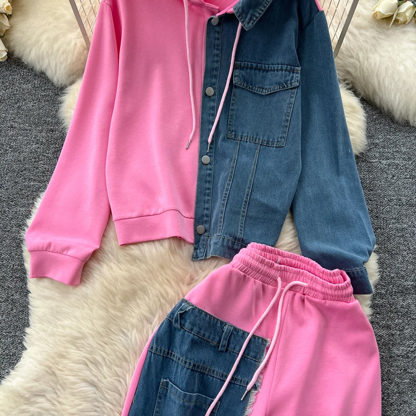 Pant Set Women Two Piece Sets Hooded Matching Sets Casual Loose Tops Wide Leg Long Pants Elastic Waist Lace Up Splice Denim 2025