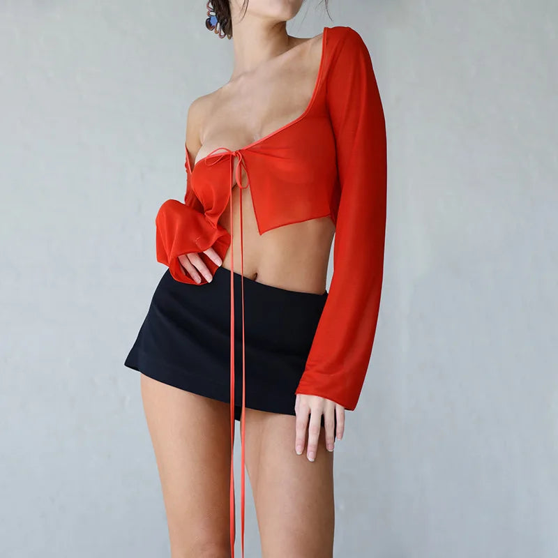 Vintage Aesthetic Crop Top Summer Women Mesh Long Sleeve T Shirt Lace Up Bandage Clothes y2k Clothes Casual Grunge Tees