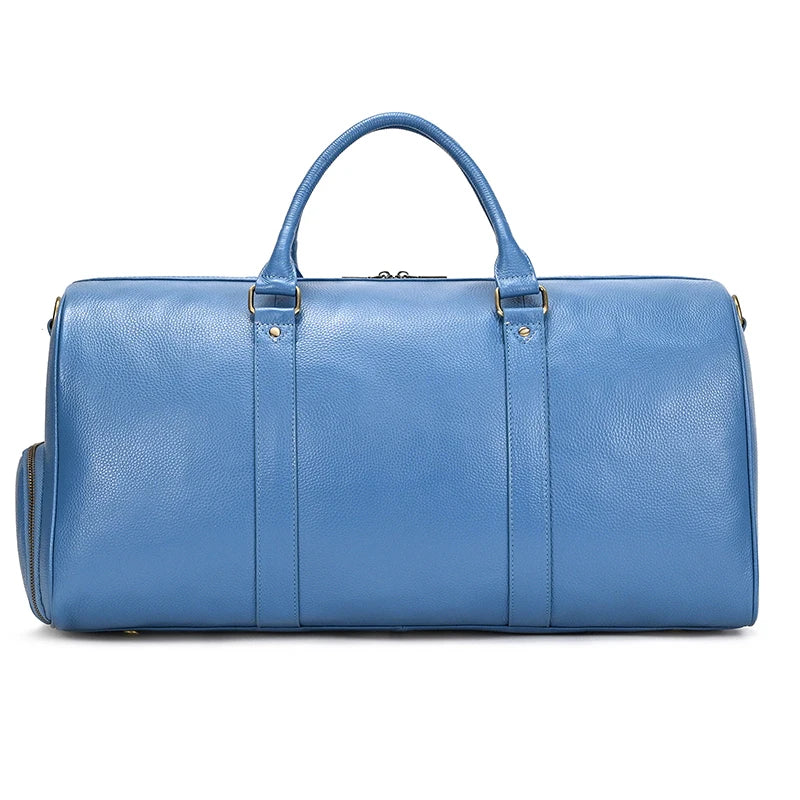 Sac de voyage en cuir véritable de grande capacité pour hommes et femmes, en cuir de vache noir souple, polochon de voyage décontracté, grand sac à bandoulière pour week-end