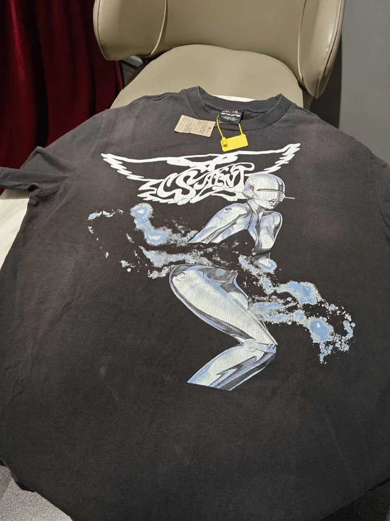Vintage Series Saint Round Neck Sexy Robot Printed Casual High Quality Oversized T Shirt Harajuku Streetwear Men