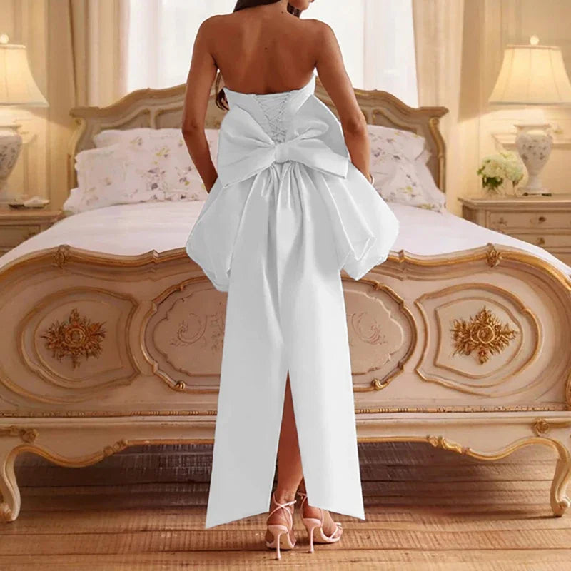 Women Evening Hollow Out Backless Solid Mini Party Dress Summer Ladies Sexy Bow Slim High Waist Holiday Temperament Dress 2025