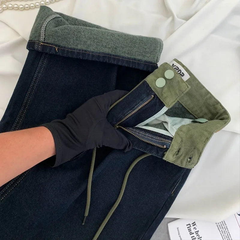 Korean Design Drawstring Baggy Straight Jeans Women Vintage Casual High Waist Wide Leg  Denim Pants Streetwear Loose Vaqueros