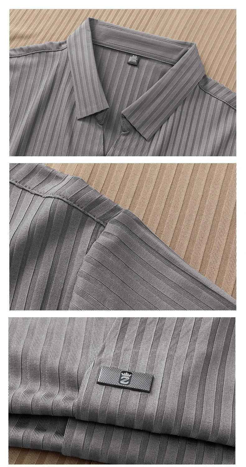 High quality personality texture stripe short sleeve polo shirt summer ice silk breathable buttonless men's solid color T-shirt
