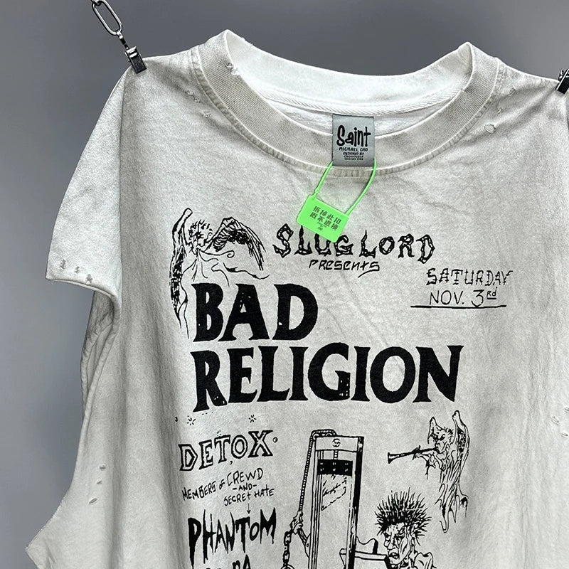 Hip Hop Vintage Washed Black Damaged Hole Tank Men Women Top Quality Cotton Oversized Saint Vest Stitching Sleeveless T Shirt