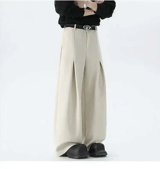 IEFB Pleated Design Men's Suit Pants Casual Solid Color American Style Bottom Drape Straight Wide Leg Male Trousers Simple 9W717