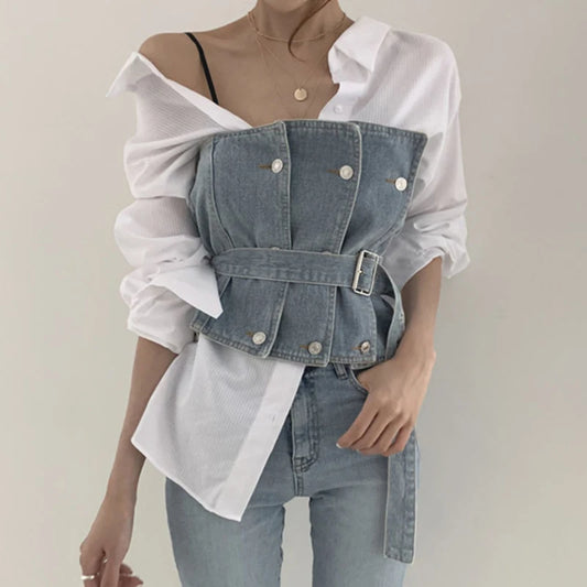 Fashion Strapless Denim Tops Summer Off Shoulder Women Short Vest With Belt Female Jean Tank Streetwear