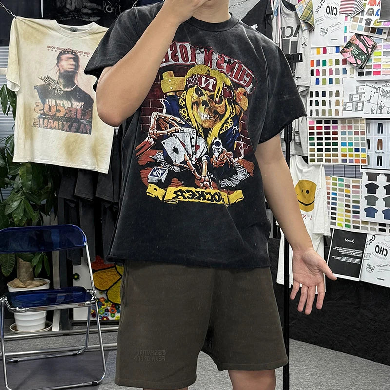 Graphics Print Vintage Washed Black Dirty Sleeveless T-Shirt Men Women Hip Hop Oversized Box Tee Best Quality Cotton T Shirt