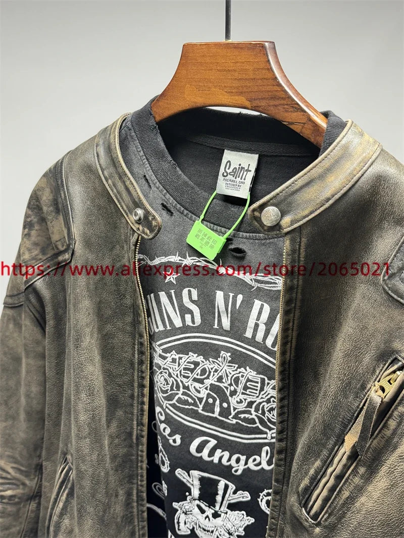 Vintage SAINT Guns N Roses Washed T-Shirts High Quality Dirty Soil Spray Hand Worn Tank Top T Shirt Tee Tops