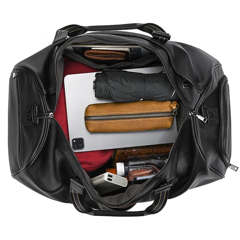 Sac de voyage en cuir véritable de grande capacité pour hommes et femmes, en cuir de vache noir souple, polochon de voyage décontracté, grand sac à bandoulière pour week-end