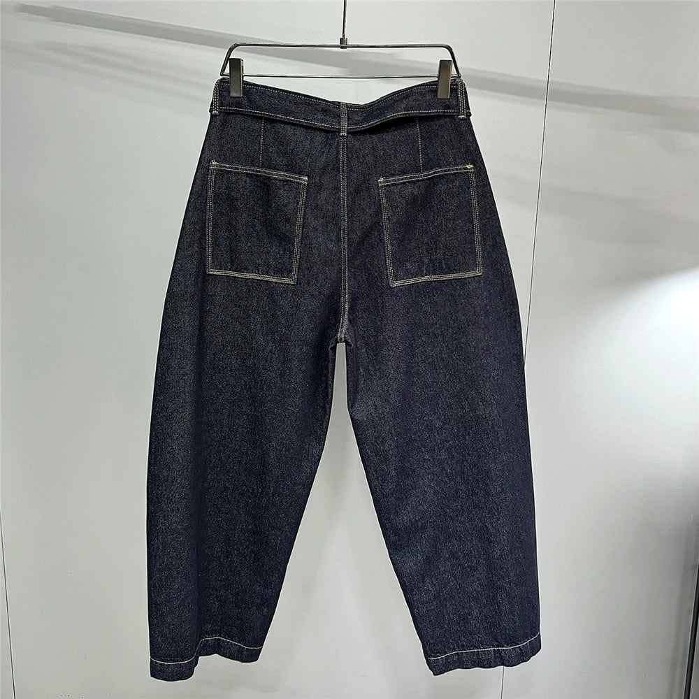Mens American High Street Baggy Jeans Navy Blue Premium Denim Wide Leg Straight Loose Fit Korean Streetwear Trendy Pants Male