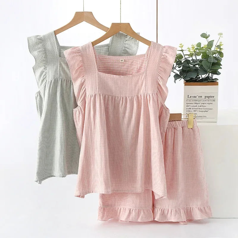 Newest Summer Cotton Double-layer Gauze Women's Pajamas Thin Sleeveless Vest Style Tops with Shorts Home Outfit Set