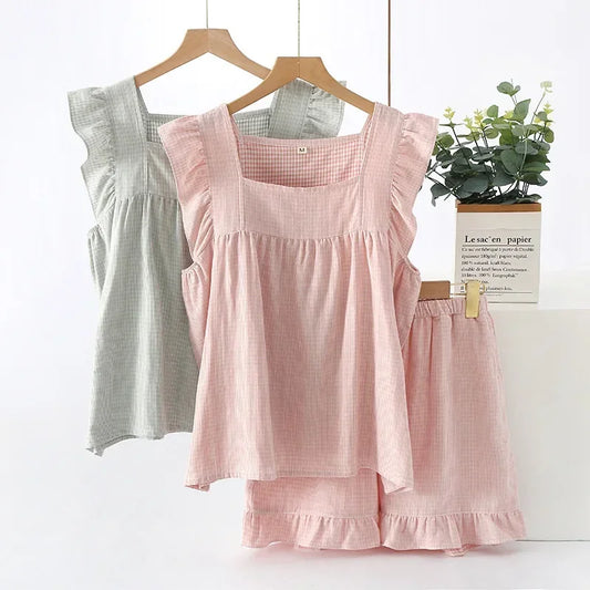 Newest Summer Cotton Double-layer Gauze Women's Pajamas Thin Sleeveless Vest Style Tops with Shorts Home Outfit Set