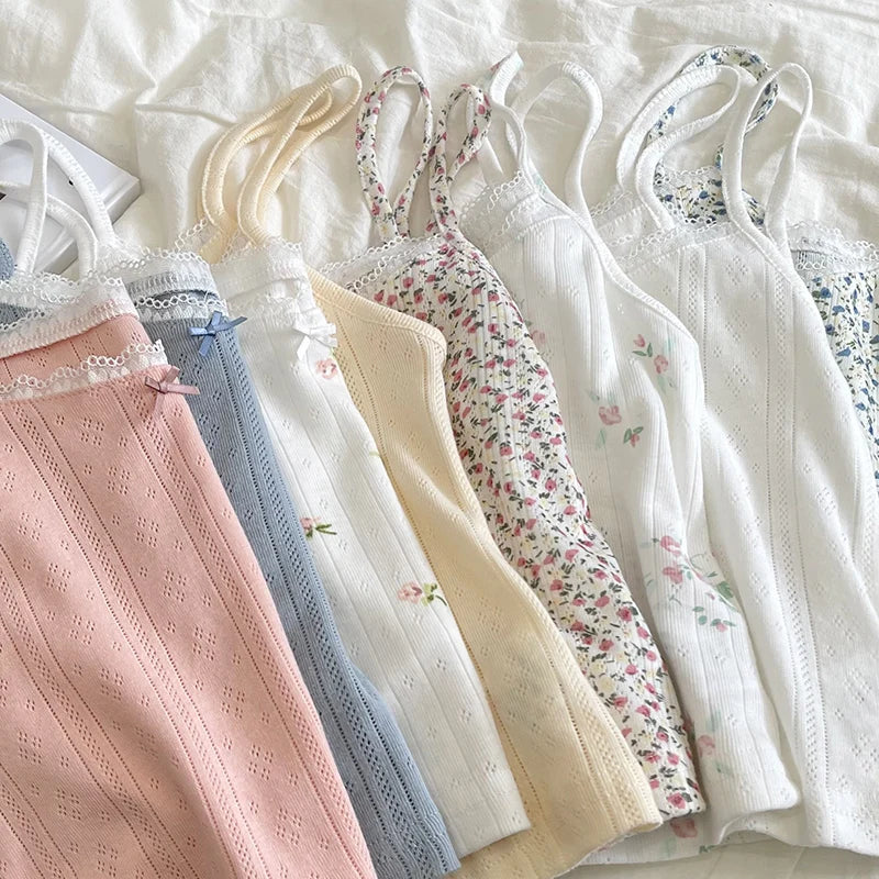Cute Camis Floral Crop Top Women Summer Lace Trim Bow Hollow Out Prairie Chic Tops for Sweet Girl Kawaii Clothes