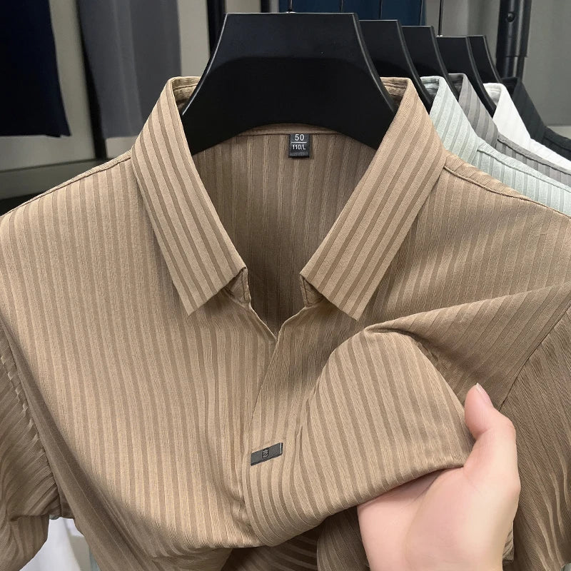 High quality personality texture stripe short sleeve polo shirt summer ice silk breathable buttonless men's solid color T-shirt