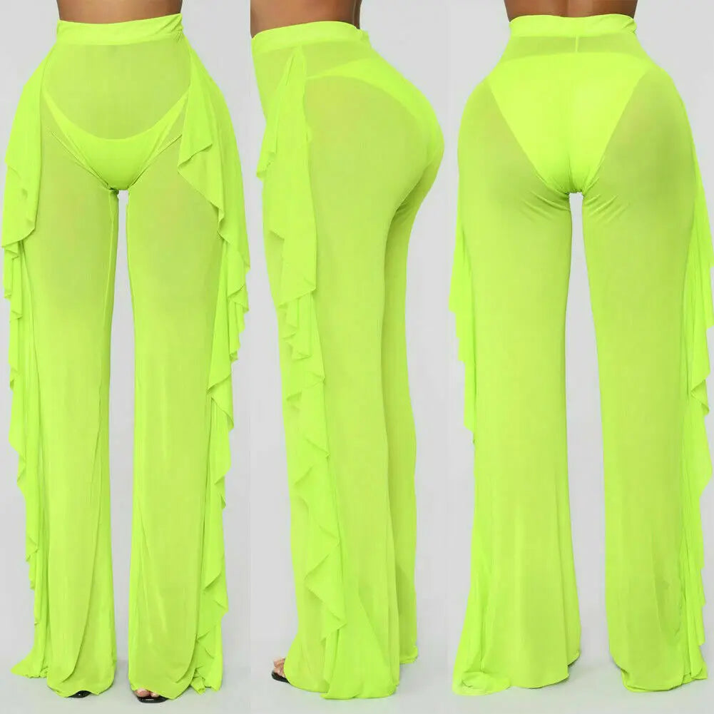 New Women Sexy Transparent Pants High Waist See Through Mesh Sheer Summer Beach Long Pants Bandage Solid Trousers 4 Colors S-XXL