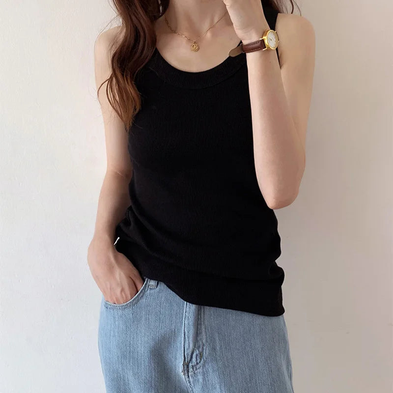 Summer Knitted Solid Color Tanks Top White Skinny Camisole Women Basic Camisole T-Shirt