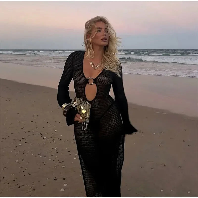 Sexy Hollow Out Metal Ring Buckle Splicing Knit Women Maxi Dress Chic Full Sleeve High Waist Long Dresses Lady Beach Party Robes
