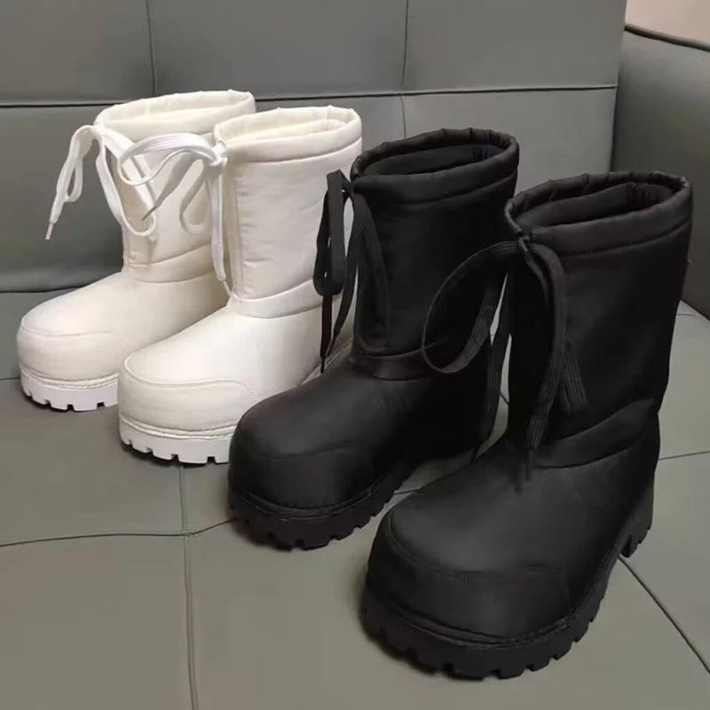 Unisex Big Head Botas Mujer Designer Drawstring Snow Boot Waterproof Anti-slip Warm Padded Thickened Platform Bottom Ankle Shoes
