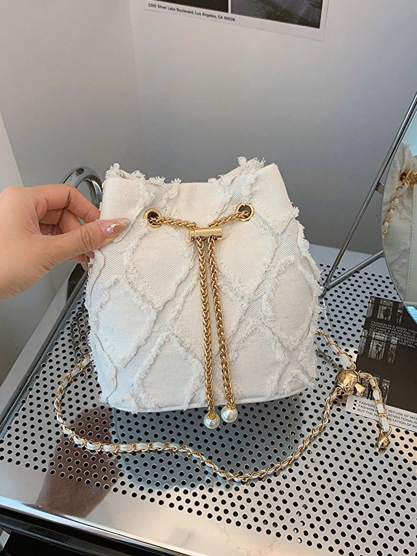 Vintage Denim Bucket Bag Retro Style Light Blue Ripped Edge Design Gold Chain Pearl Embellishment Adjustable Fringe Shoulder Bag