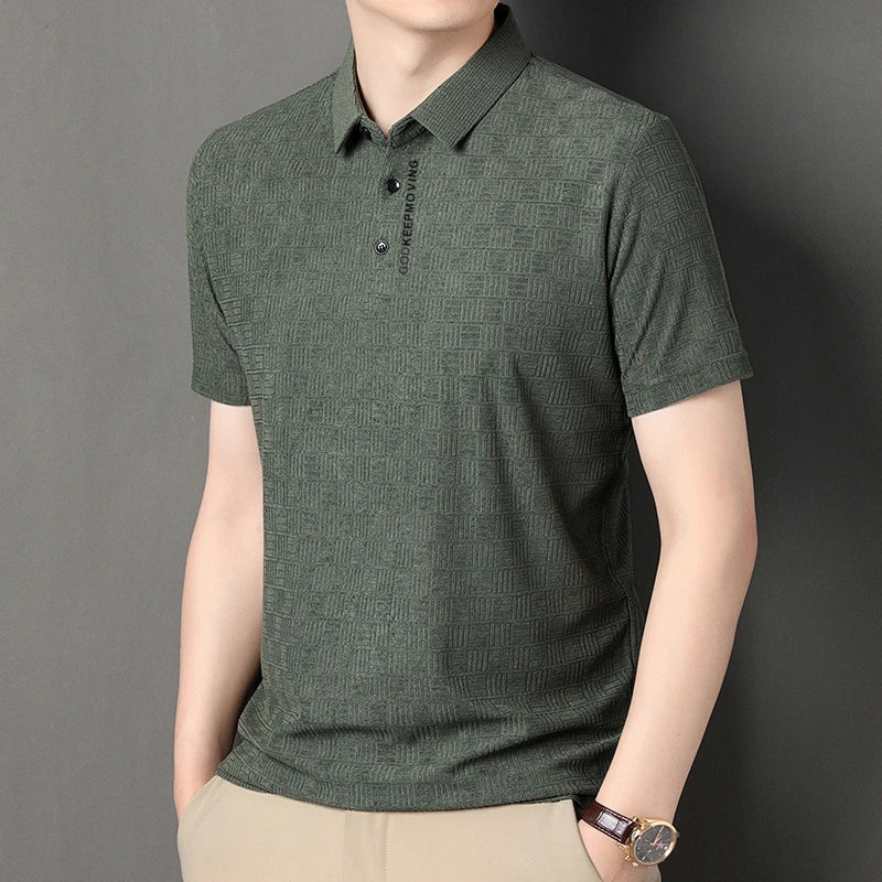 New Men's Business Casual Short Sleeved Shirt with Badge Solid Color Polo Shirt Fashionable Breathable Comfortable Versatile Top