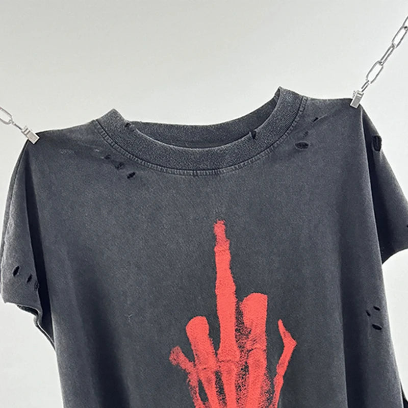 Red Skull Finger Print Damaged Hole Saint Tank Tee Men Women Streetwear Oversized Vest Vintage Washe Black Sleeveless T Shirt