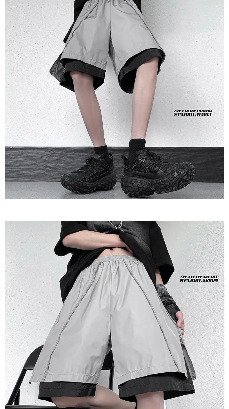 American Functional Shorts Men's Summer Design Fake Two-piece Zippered Trousers Loose Casual Pants