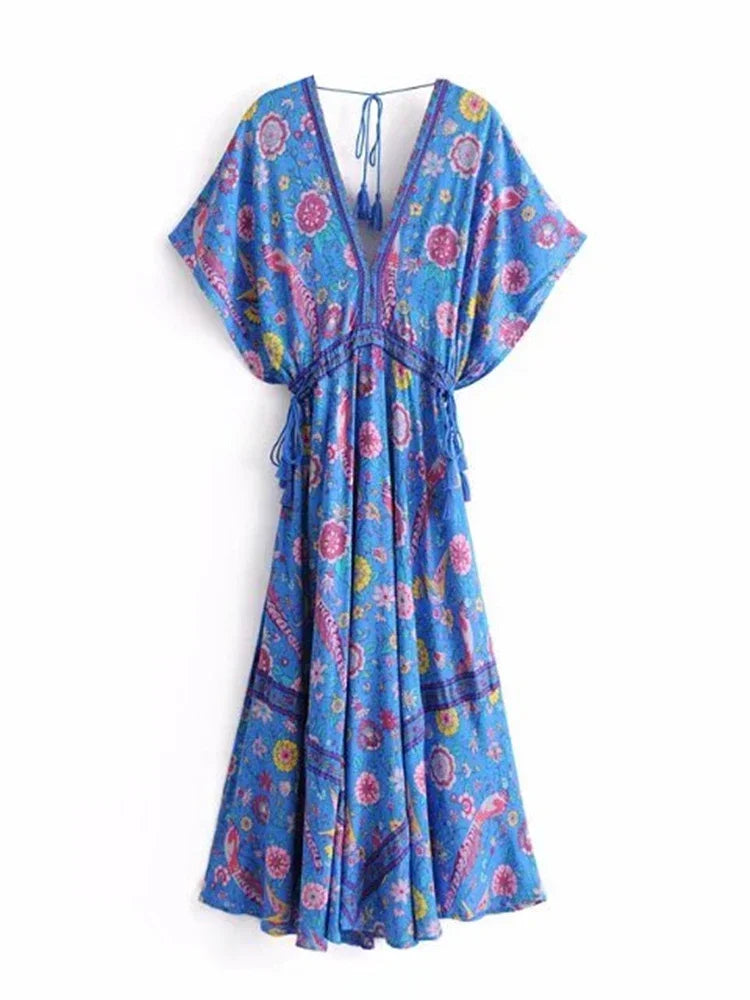 Robe Maxi Vintage Chic pour Femme, Imprimé Floral Paon, Manches Chauve-Souris, Bohème, Col en V, Pompon, Plage, Été