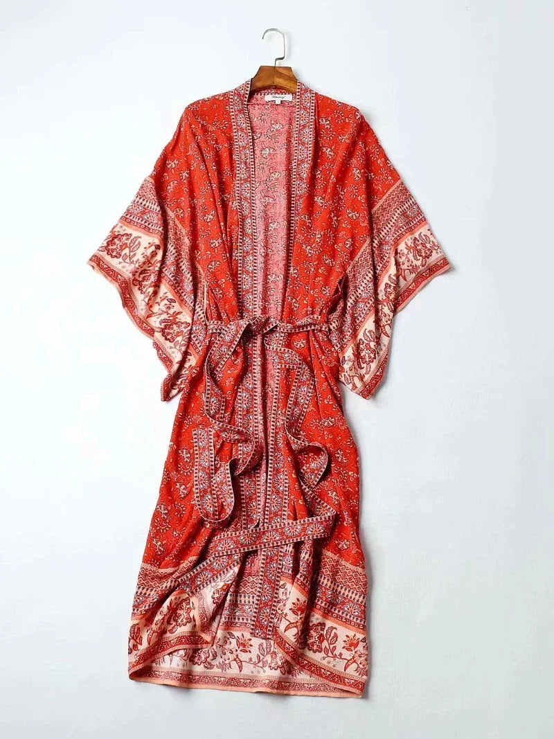 Vintage Chic femmes imprimé fleuri manches chauve-souris plage bohème Kimono Robe dames col en V été Boho Robe couvertures robes