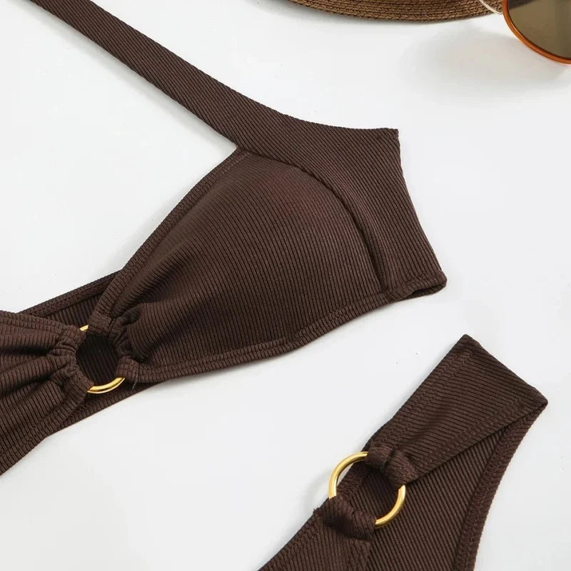 Sexy Women's Swimsuit Bikini Set Solid Halter Split Micro Bikini Two-piece Swimwear 2025 New Summer Swimming Beach Bathing Suits