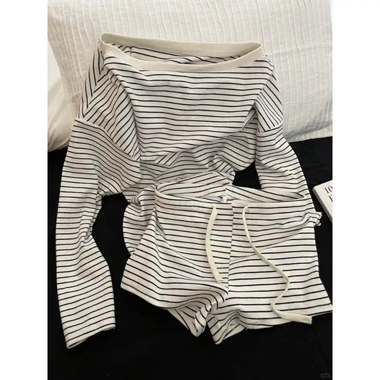 Striped Sleepwear Women Pajama Shorts Sets Long Sleeve Piiama Casual 2 Pieces Night Wears Summer Korean Casual Home Suit 2025
