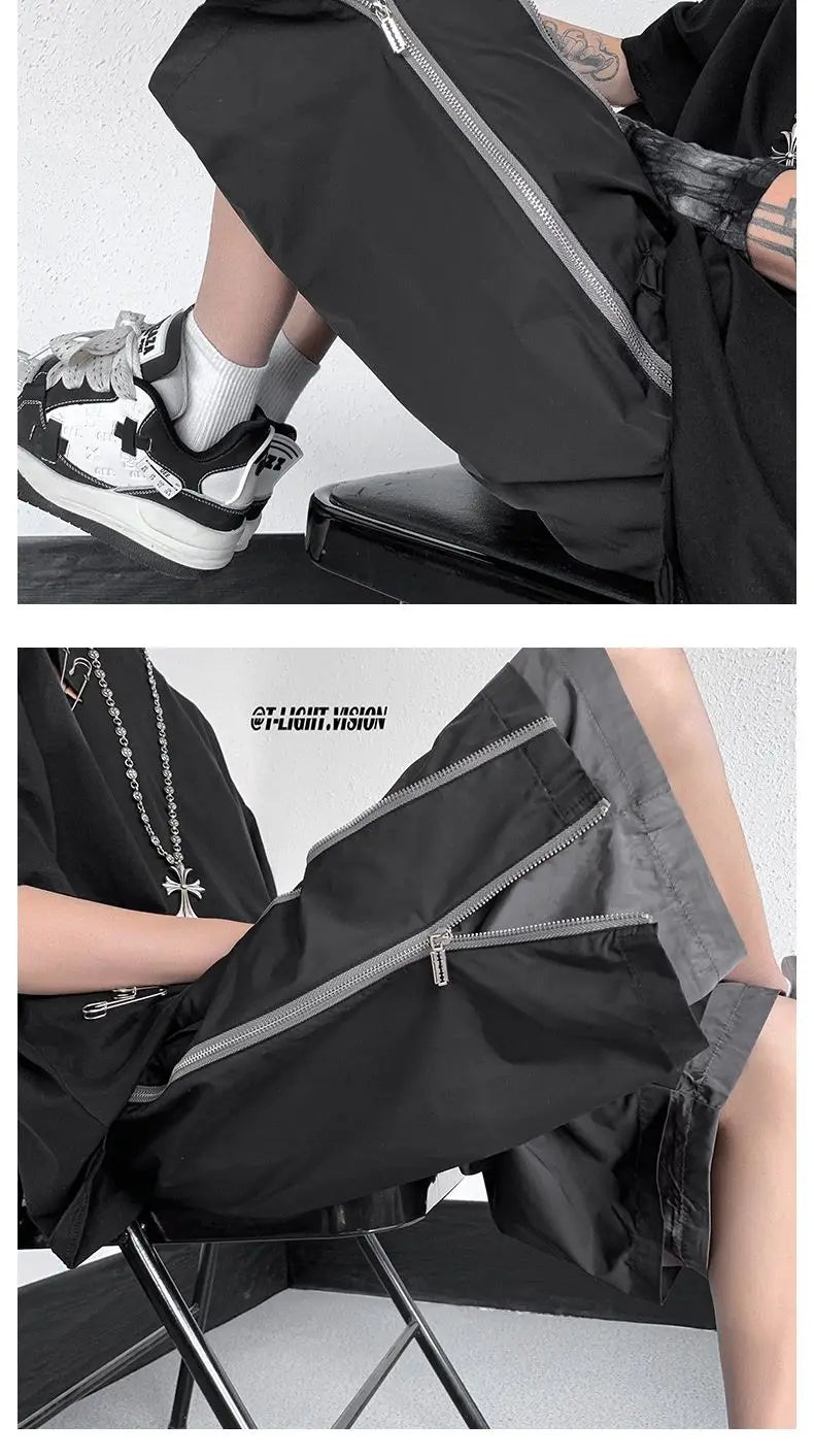 American Functional Shorts Men's Summer Design Fake Two-piece Zippered Trousers Loose Casual Pants