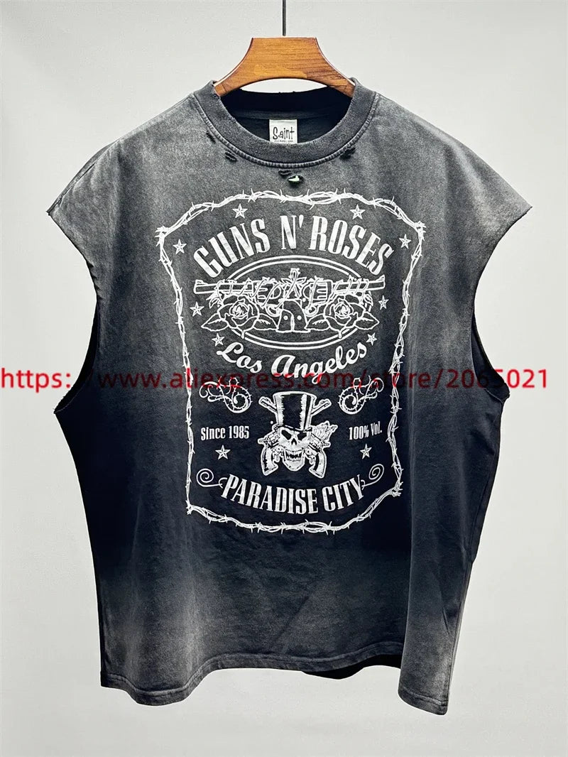 Vintage SAINT Guns N Roses Washed T-Shirts High Quality Dirty Soil Spray Hand Worn Tank Top T Shirt Tee Tops