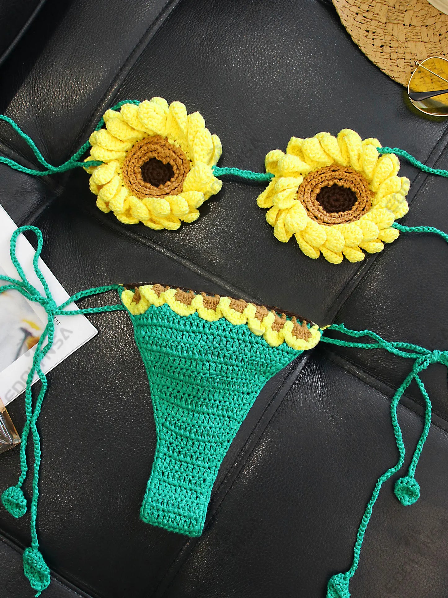 2 Piece Bikini Set 2025 Summer Yellow Sunflower Crochet Swimsuit Suit Set Beach Wear Bikinis Cover-up Women Bathing Suits K224