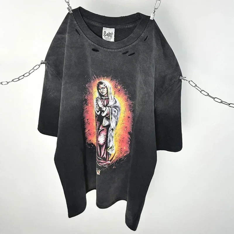 Red Skull Finger Print Damaged Hole Saint Tank Tee Men Women Streetwear Oversized Vest Vintage Washe Black Sleeveless T Shirt