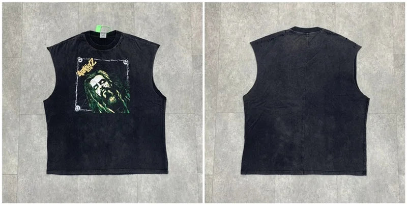 Vintage Washed Saint Sleeveless Tank T-shirts Oversize Men Woman Good Quality Black White Grey Hole Old Summer Streetwear