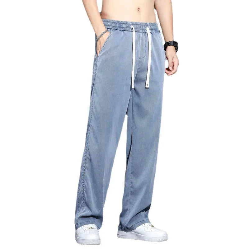 Summer Soft Lyocell Fabric Men's Jeans Thin Loose Straight Pants Drawstring Elastic Waist Korea Casual Trousers Plus Size