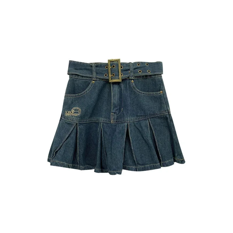 High Waist Denim Mini Skirt for Women Summer American Style Retro Pleated A- Line Short Skirt Trendy Cotton Denim Skirts