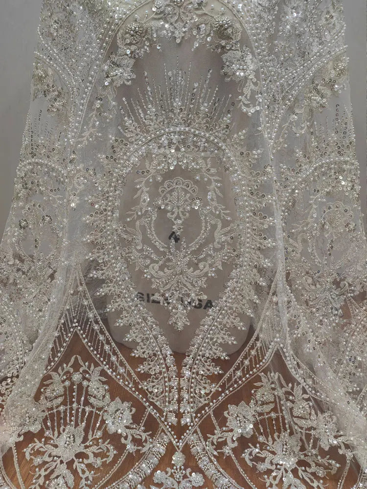 High quality luxury embroidery lace mesh ivory silver bead sequins wedding dress DIY lace clothing accessories