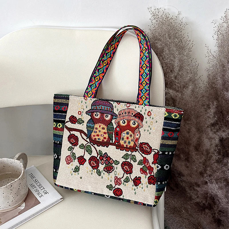 Animal Ethnic Style Handbag Trendy Elephant Embroidery Handbag Owl Canvas Women Shoulder Bags Women Tote Bag