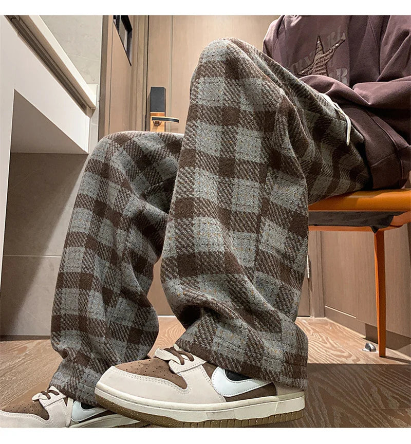 New Y2K Vintage Plaid Baggy Pants Men's High Street Woolen Straight-leg Trousers Autumn Korean Fashion Hip Hop pantalones hombre
