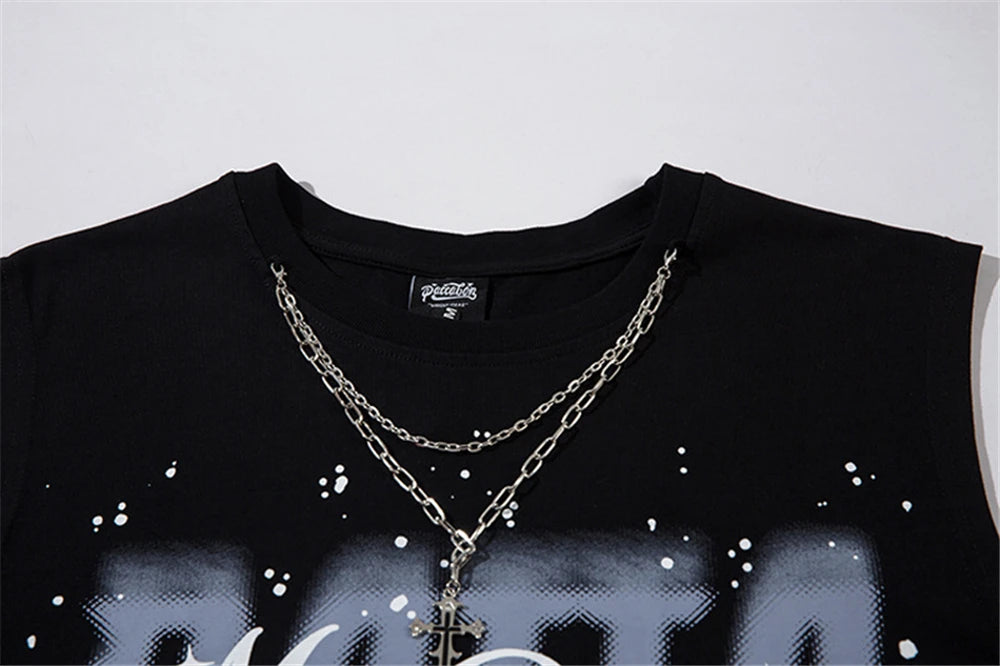 Hip Hop Tank Tops Men's Vintage Letter Graphic Sleeveless T-Shirt Streetwear Hole Harajuku Dancing Breathable Tops with Necklace