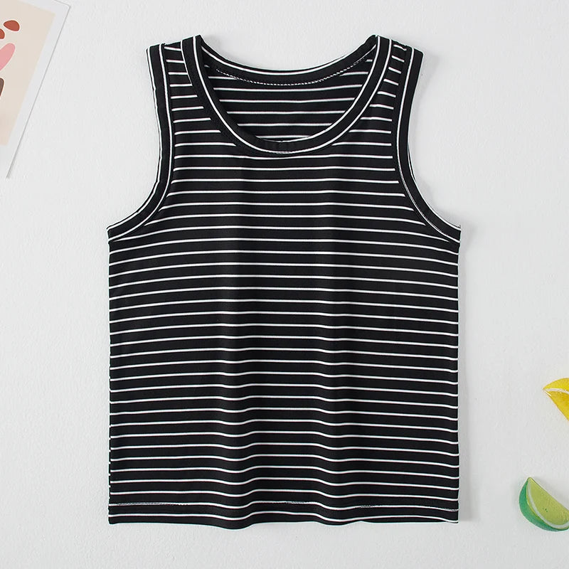 2-Pcs Children's Four Seasons Black And White Striped Vest Boy Leisure Sports Running Top Girl Basic Joker Fashion Bottoming Shi