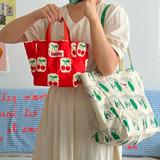 Cute Print Oxford Cloth Storage Bag Square Shape Beach Bag Large Capacity Lunch Bag Portable Shoulder Bag Creative Handbag