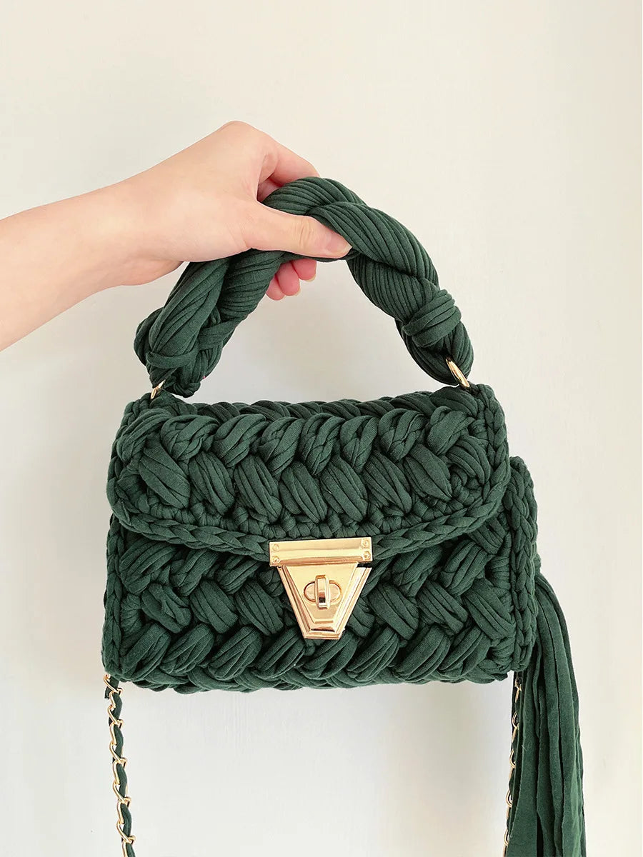 New Handmade Woven Women's Crossbody Bags Thread Hook Knitted Shoulder Bag Colorful Strip Chains Bags for Women Small Purses