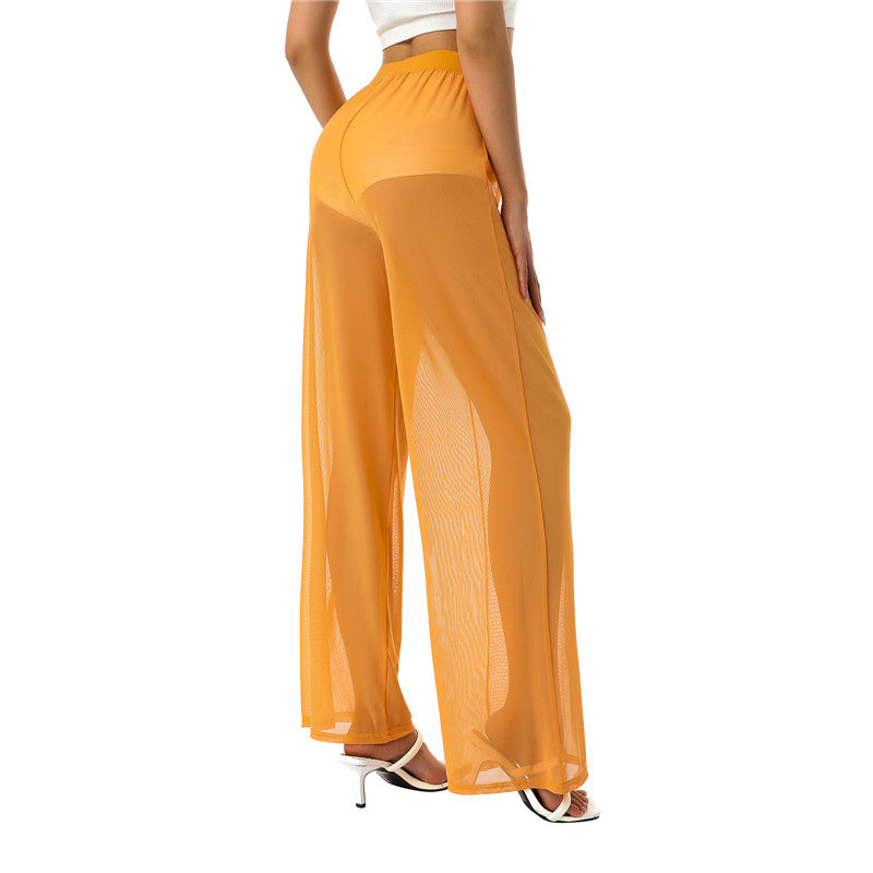 Women See Throug Mesh Cover up Pants Swimsuit Bikini Bottom Cover up Elastic Waist Loose Wide Leg Long Palazzo Pants Trousers